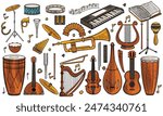 Colorful hand drawn set of classic and jazz music instruments in doodle style isolated on white background.