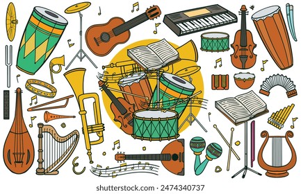 Colorful hand drawn set of classic and jazz music instruments in doodle style isolated on white background.