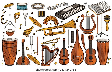 Colorful hand drawn set of classic and jazz music instruments in doodle style isolated on white background.