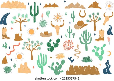 Colorful hand drawn set of desert elements. Cartoon collection of southwest american cactus and mountains. Vector isolated clipart of western illustrations on white background