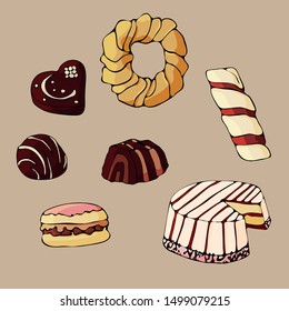 Colorful hand drawn set of different yummy sweets. Bun, cake, macaroon, biscuit on light beige isolated background. Doodle.