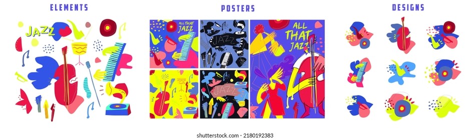 Colorful hand drawn set of doodle illustrations and patterns with jazz music instrument for advertising music event, jazz festivals, carnivals etc.