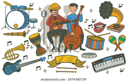 Colorful hand drawn set of jazz music doodle set. music instruments concept in doodle style isolated on white background.