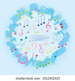 Colorful Hand Drawn Set of  Music Symbols.  Doodle Treble Clef, Bass Clef, Notes and Lyre Arranged in a Circle on Blue. Vector Illustration.