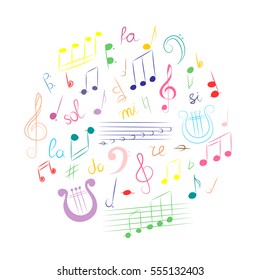 Colorful Hand Drawn Set of  Music Symbols.  Doodle Treble Clef, Bass Clef, Notes and Lyre Arranged in a Circle. Vector Illustration.