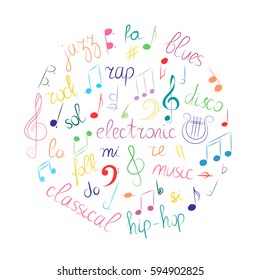 Colorful Hand Drawn Set of  Music Symbols.  Doodle Treble Clef, Bass Clef, Notes and Music Styles Arranged in a Circle. Vector Illustration.