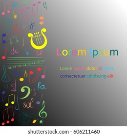 Colorful Hand Drawn Set of  Music Symbols on Monochrome background. Doodle Treble Clef, Bass Clef, Notes and Lyre.  Vector Illustration.