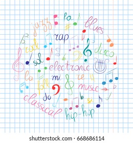 Colorful Hand Drawn Set of  Music Symbols.  Doodle Treble Clef, Bass Clef, Notes and Music Styles Arranged in a Circle on Sheet.. Vector Illustration.