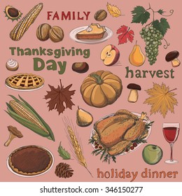 Colorful hand drawn set of objects and symbols on the Thanksgiving  with turkey, pie, pumpkin and vegetables