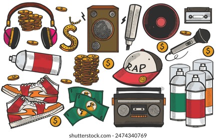 Colorful hand drawn set of rap music doodle set. music instruments concept in doodle style isolated on white background.