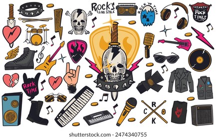 Colorful hand drawn set of rock music doodle music instruments in doodle style isolated on white background.