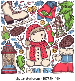 Colorful hand drawn set of winter elements - winter boots, snowman, mittens, spruce branches, christmas bells and others. Cozy symbols for cold season. Original vector image with isolated objects