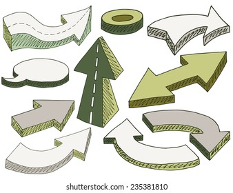 Colorful hand drawn simple 3d arrows set made in vector