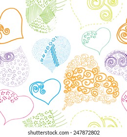 Colorful hand drawn simple curly hearts seamless pattern