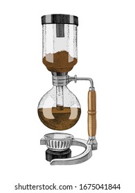 Colorful hand drawn siphon coffee maker icon. Vector illustration in retro style