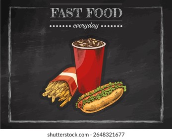 Colorful hand drawn sketch of fast food set with cola, French fries and hot dog. Vintage chalkboard restaurant menu illustration, isolated on black background, editable vector artwork.