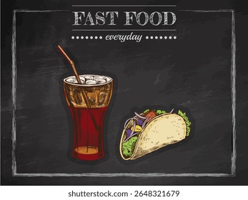 Colorful hand drawn sketch of soda drink with straw and taco with vegetables. Vintage restaurant chalkboard background. Editable vector illustration for menu, food delivery or street food branding.