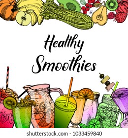 Colorful hand drawn sketch style smoothie with fruits and vegetables. Vector illustration.
