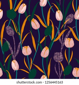 Colorful  hand drawn sketch tulip flowers silhouette and hand line  seamless pattern vector design for fashion,fabric,wallpaper and all prints on dark blue background color