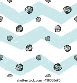 Colorful hand drawn sketched kid style seamless pattern with seashell and mussel. Summer ocean beach party mood. Decorative pattern for wedding or holiday party. Bright summer background