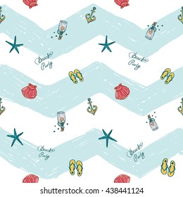 Colorful hand drawn sketched kid style seamless pattern with shellfish, bottle with message, sea anchor with heart, beach party inscription, seashell, pair slipper. Bright summer seamless background