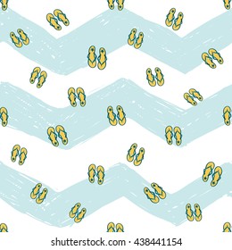 Colorful hand drawn sketched kid style seamless pattern with pair slipper. Summer ocean beach party mood. Decorative pattern for wedding or holiday party. Bright summer background