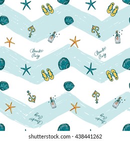 Colorful hand drawn sketched kid style seamless pattern with shellfish, star, bottle with message, sea anchor with heart, beach party inscription, mussel, clam, pair slipper. Bright summer background.