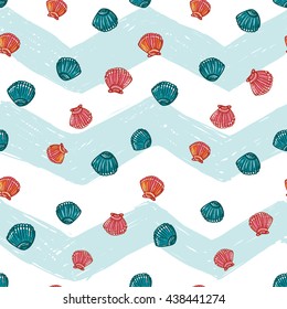 Colorful hand drawn sketched kid style seamless pattern with seashell, shell, mussel, clam. Summer ocean beach party mood. Decorative pattern for wedding or holiday party. Bright summer background