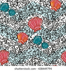 Colorful hand drawn sketched kid style seamless pattern with confetti. Summer ocean beach party mood. Decorative pattern for wedding or holiday party. Bright summer background