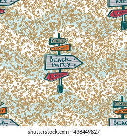 Colorful hand drawn sketched kid style seamless pattern with confetti. Summer ocean beach party mood. Decorative pattern for wedding or holiday party. Bright summer background