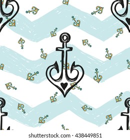 Colorful hand drawn sketched kid style seamless pattern with sea anchor with heart. Summer ocean beach party mood. Decorative pattern for wedding or holiday party. Bright summer background