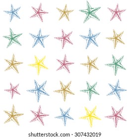 Colorful hand drawn  sketched starfish decoration pattern. Funny design