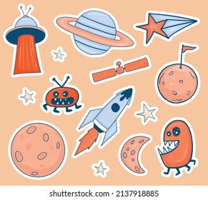 Colorful hand drawn space theme stickers collection