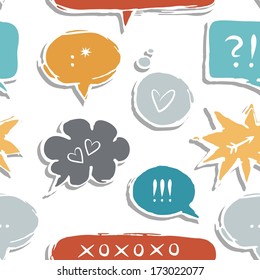 colorful hand drawn speech bubbles with signs on white background love communication seamless pattern