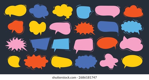 Colorful hand drawn speech bubbles set for marketing, communication, and social media design. Modern doodle talk clouds in comic style on dark background.