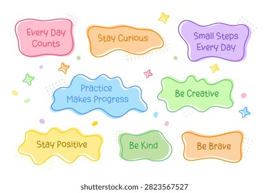 Colorful hand drawn speech bubbles with motivational quotes for school and learning. Cute educational sticker collection with positive messages, pastel shapes and playful doodle style.