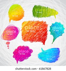 Colorful hand drawn speech and thought bubbles.