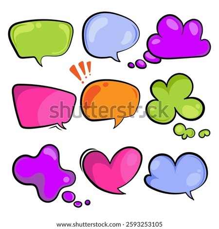 Colorful hand drawn speech and thought bubbles in various shapes and bright colors set. Cartoon style dialogue elements perfect for comics, stickers, graphic design.Vector illustration