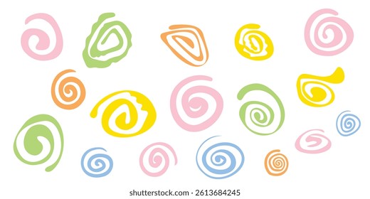 Colorful Hand Drawn Spirals Vector Pattern Set. Fun Swirls and Whirls in Pink, Green, Orange, Yellow, and Blue. Vector Illustration