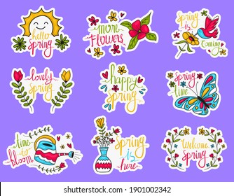 Colorful Hand drawn spring stickers collection