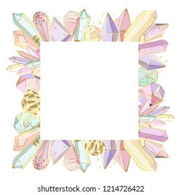 Colorful hand drawn square frame for text, made of elements - crystals and gems - on white background, vector illustration for printing on cards, invitations, blanks.