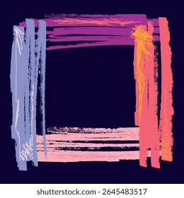 Colorful Hand Drawn Square Frame on Dark Background. Trendy brushstroke grunge square in pink, yellow and blue perfect for cards, patterns, print, web