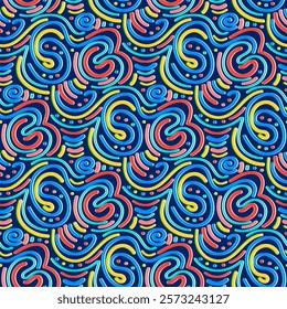  Colorful hand drawn squiggle lines and dots seamless pattern design. Abstract basic swirl shapes multicolor background