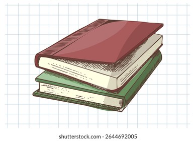 Colorful hand drawn stack of vintage school books, isolated on grid notebook background. Ideal for educational materials, stationery, and themed designs.