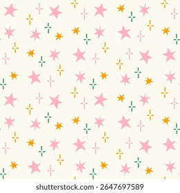 Colorful hand drawn star and sparkle icons in playful vector style. Seamless background in alternate pastel and bold palettes. Perfect for kidswear, fabric prints, and festive design projects.