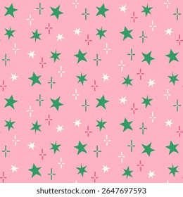 Colorful hand drawn star and sparkle icons in playful vector style. Seamless background in alternate pastel and bold palettes. Perfect for kidswear, fabric prints, and festive design projects.