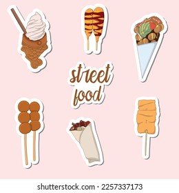 Colorful hand drawn street food stickers design