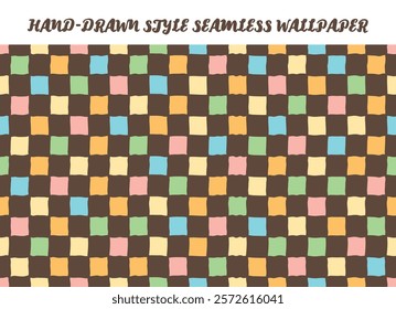 Colorful hand drawn style seamless colorful wallpaper vector. Multi-colored square check pattern on black background. Doodle cartoon style retro chess background. Wrapping paper. Childish decoration