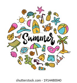 colorful hand drawn summer doodles and lettering quote isolated on white background for posters, pritns, stickers, cards, cliparts, etc. EPS 10