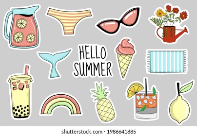 Colorful Hand drawn summer element stickers collection